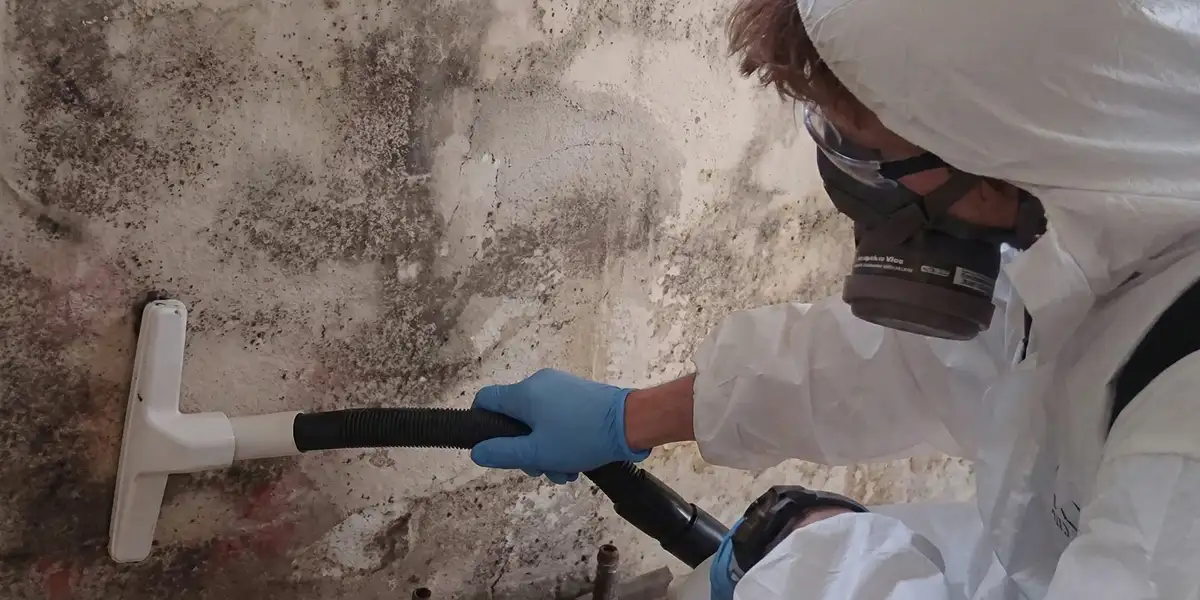 professional mold removal technician wearing protective equipment removing mold from a wall in Wichita, KS